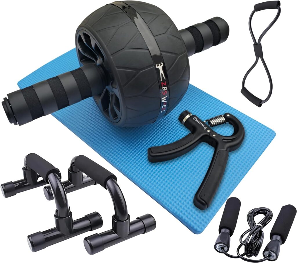 HYFY Ab Roller Wheel Set 6-in-1 with Exercise Roller Wheel Hand Grip Trainer Knee Pad Push-up Bar Stretch Band Jump Rope Home Exercise Core Strength Fitness Equipment Full Body Workout