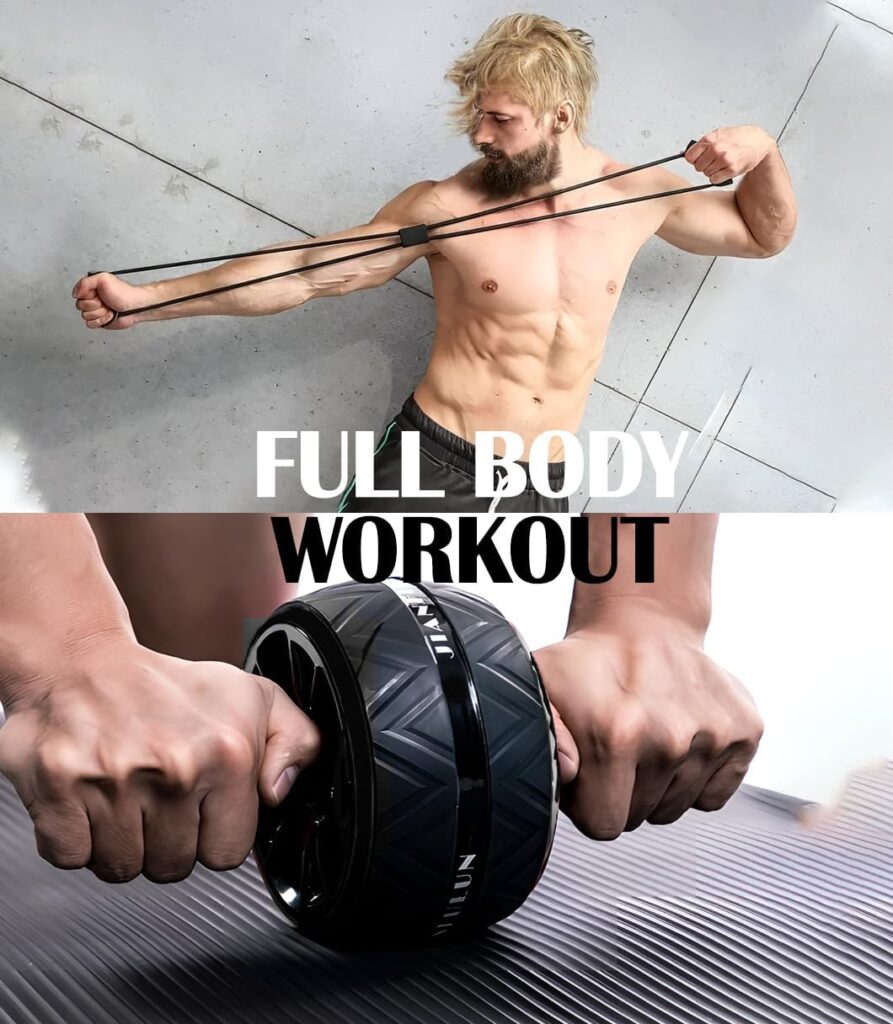 HYFY Ab Roller Wheel Set 6-in-1 with Exercise Roller Wheel Hand Grip Trainer Knee Pad Push-up Bar Stretch Band Jump Rope Home Exercise Core Strength Fitness Equipment Full Body Workout