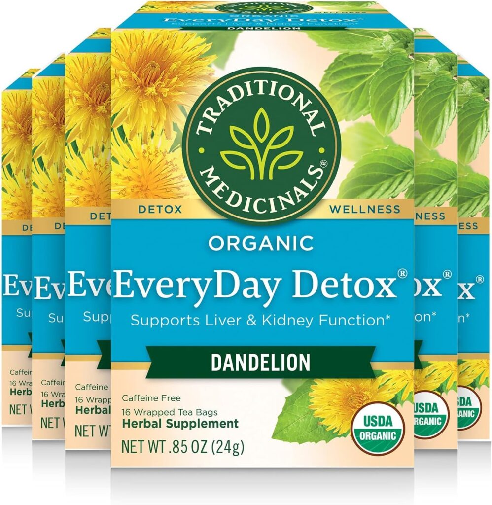Traditional Medicinals Organic Everyday Detox Tea Bags With Dandelion | Supports Healthy Liver  Kidney Function | Caffeine Free | Herbal Supplement | 16 Tea Bags (Pack of 1)