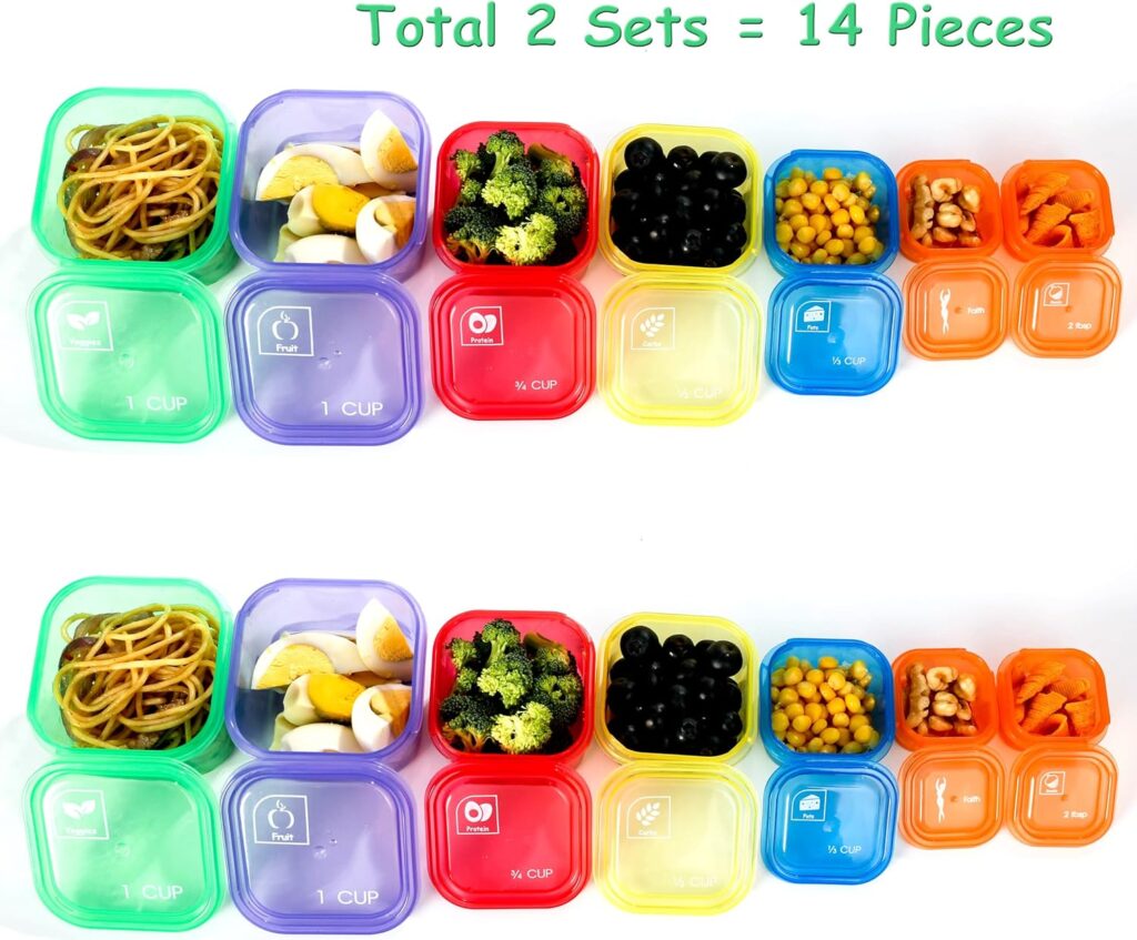 BHYTAKI Portion Control Containers, Double Set (14 Pieces) 21 Day Fix Container and Food Plan, 21 Day Food Portion Containers for Weight Loss with Tally Chart and Food Plan