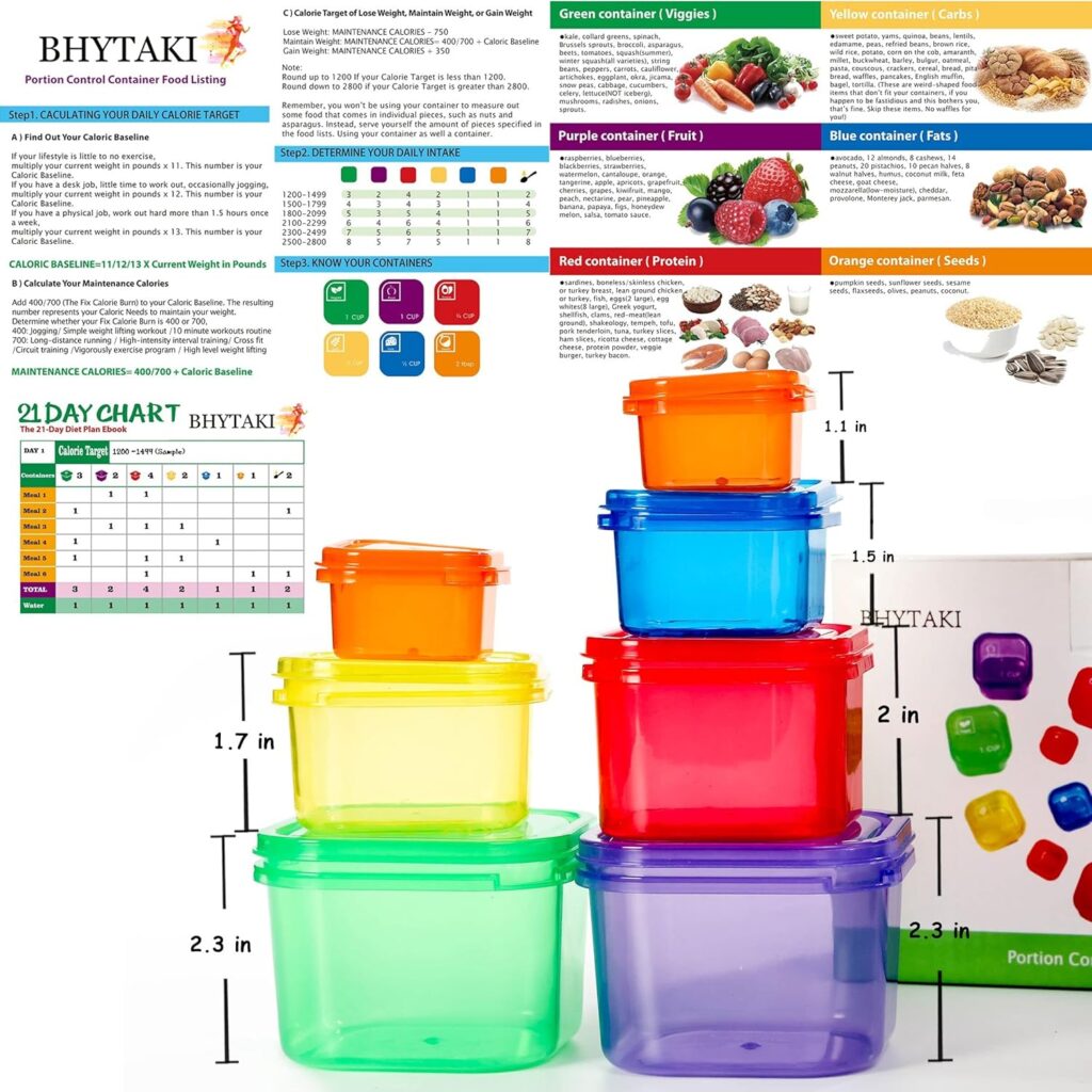 BHYTAKI Portion Control Containers, Double Set (14 Pieces) 21 Day Fix Container and Food Plan, 21 Day Food Portion Containers for Weight Loss with Tally Chart and Food Plan