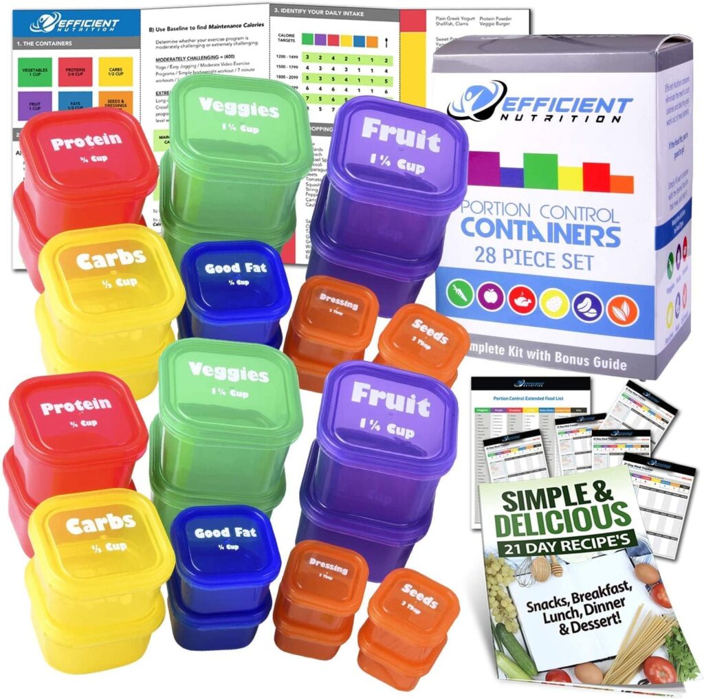 Efficient Nutrition Portion Control Containers DELUXE Kit (14-Piece) with COMPLETE GUIDE + 21 DAY PLANNER + RECIPE eBOOK - BPA FREE Color Coded Meal Prep System for Diet and Weight Loss