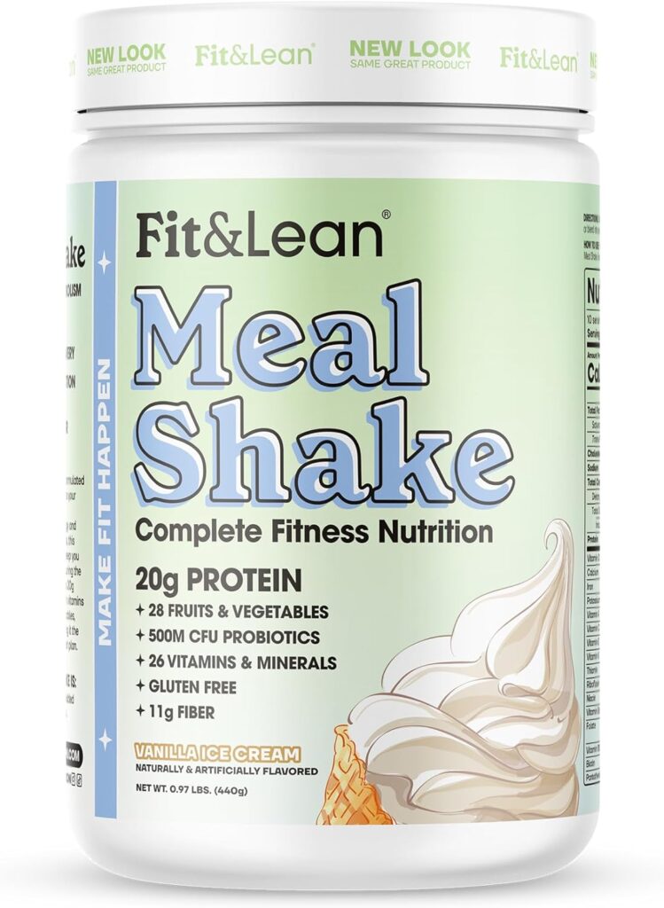 Fit  Lean Meal Replacement Shake with Protein, Fiber, Probiotics and Organic Fruits  Vegetables, Vanilla, 1lb, 10 Servings Per Container