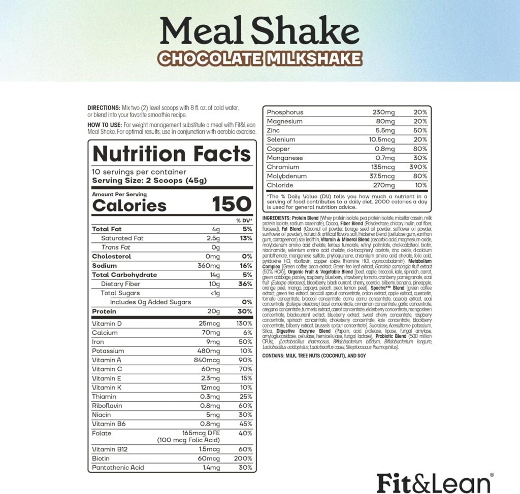 Fit  Lean Meal Replacement Shake with Protein, Fiber, Probiotics and Organic Fruits  Vegetables, Vanilla, 1lb, 10 Servings Per Container