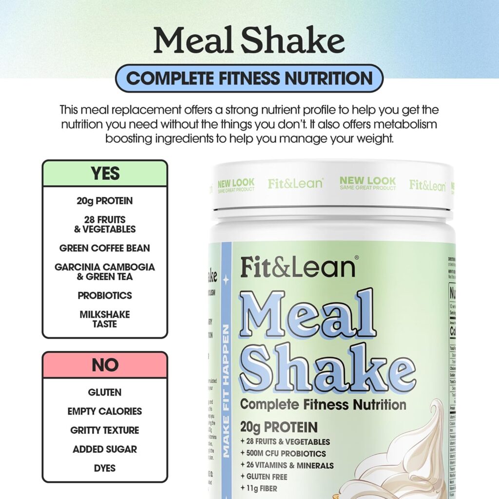 Fit  Lean Meal Replacement Shake with Protein, Fiber, Probiotics and Organic Fruits  Vegetables, Vanilla, 1lb, 10 Servings Per Container
