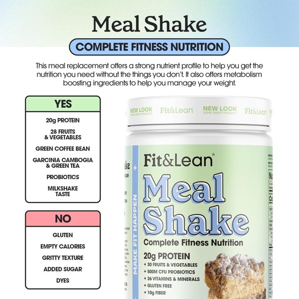 Fit  Lean Meal Replacement Shake with Protein, Fiber, Probiotics and Organic Fruits  Vegetables, Vanilla, 1lb, 10 Servings Per Container