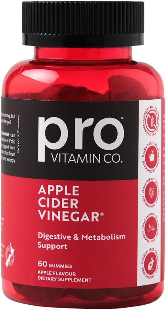 pro vitamin co. Co Apple Cider Vinegar+ Gummy s - Digestive  Metabolism Support, Halal Friendly, Pectin Base, Gluten Free, Folic Acid ( B9), B12-1 Pack Apple Flavour, 60 Gummies